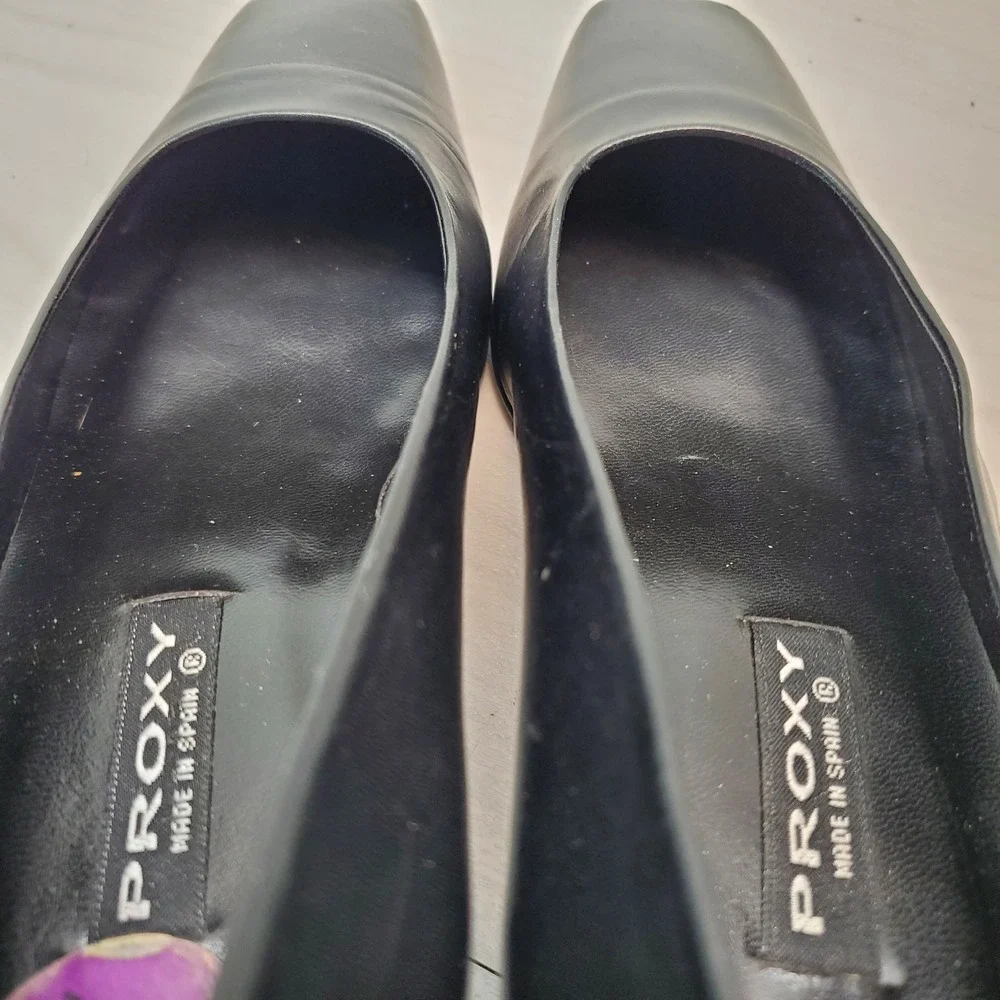 PROXY Black Leather Square Toe Block Heel Pumps Women Size 7.5 Made in Spain